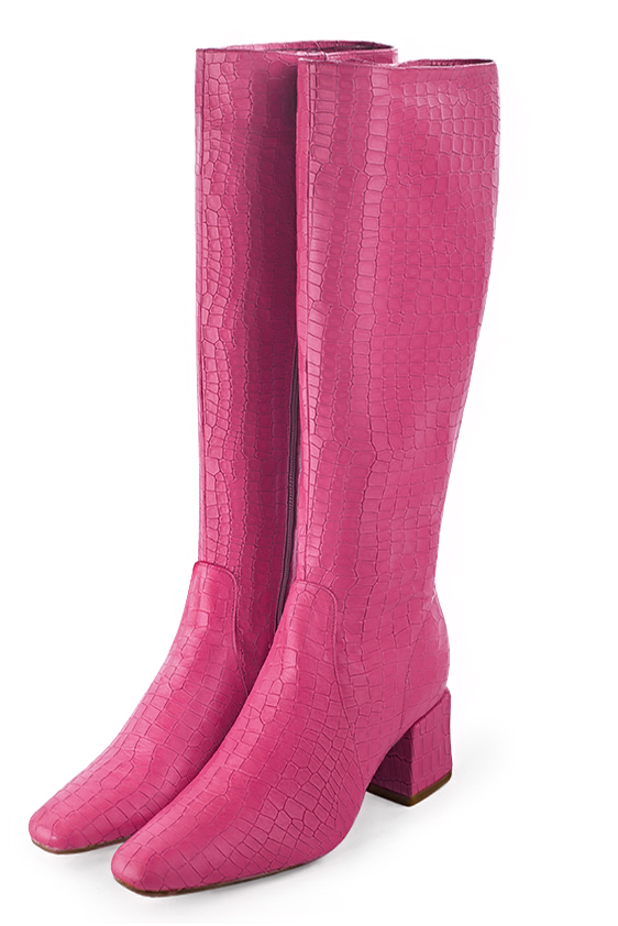 Fuschia pink feminine knee high boots. Made to measure. Square toe. Medium block heels